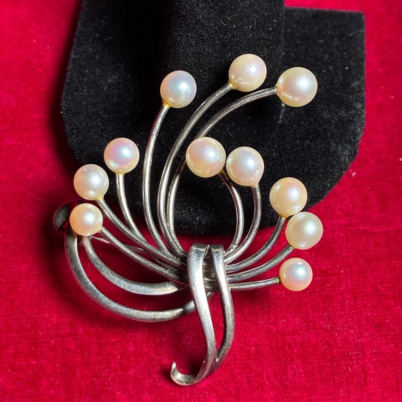 Mikimoto Jewelry - Vintage Japanese Akoya Pearl Sterling Silver Spray Brooch Pin
